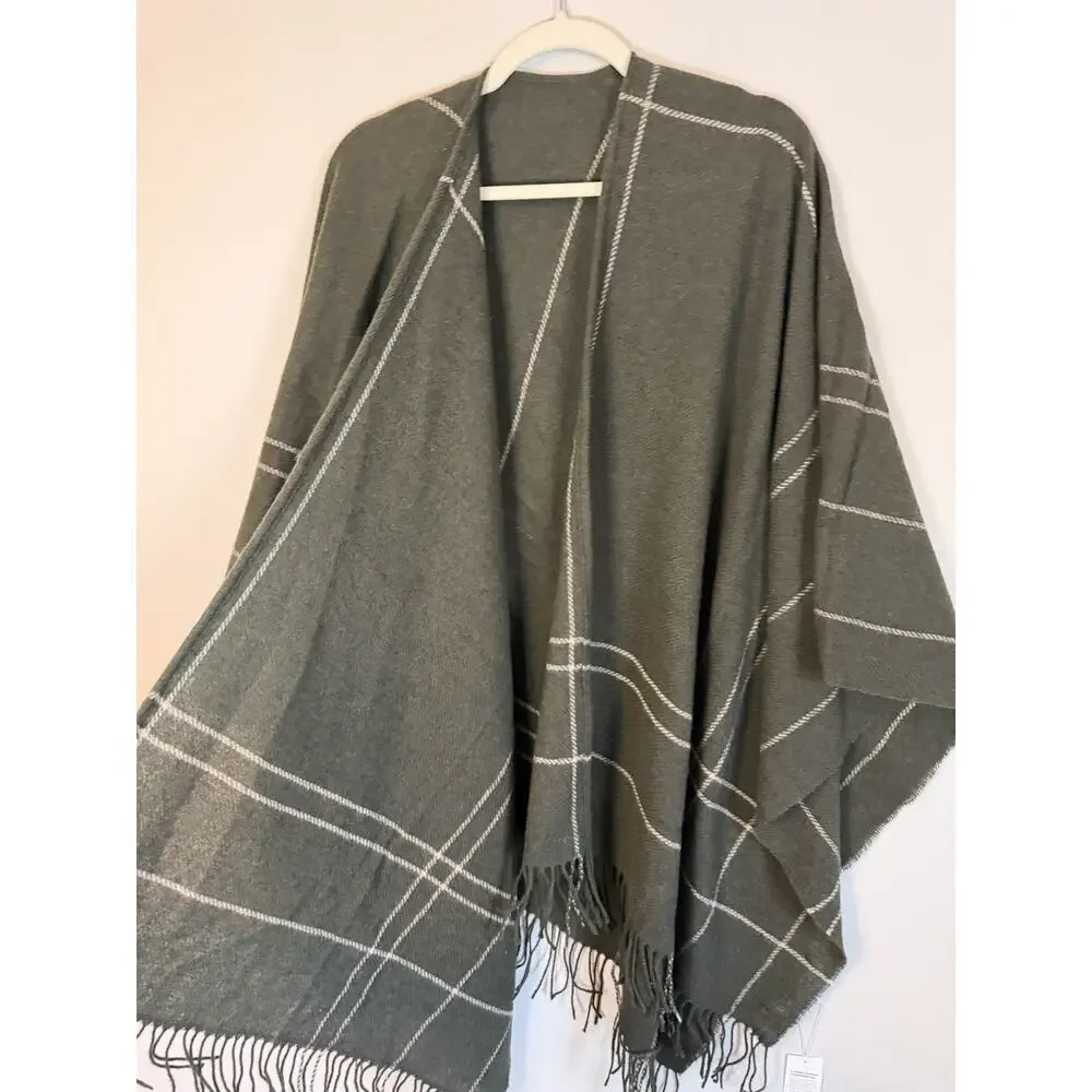 Eileen Fisher Wool Twill Green Plaid Wrap Fringe $188 NWT